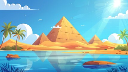 Fototapeta na wymiar Desert cartoon modern background depicting an oasis in Egypt with Nile water and a calm lake along the Sahara desert. Summer panoramic illustration of a lake in the Sahara with sun beam light and a
