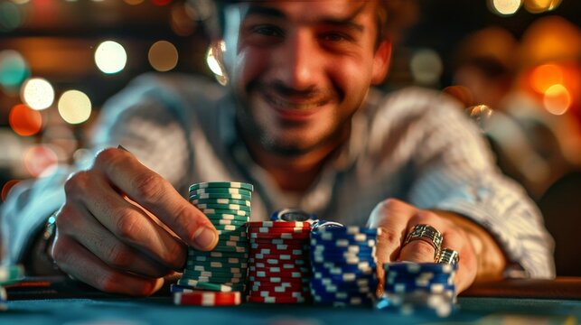 Casino: A photo of a player holding a handful of poker chips, with a confident smile
