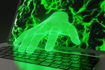 Glowing meshed green human hand extending from a black laptop screen to the keyboard with abstract background. Illustration of the concept of internet security, online scams and computer hacks