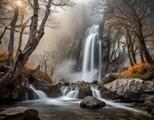 Waterfall in autumn forest with fog and mist in the morning
