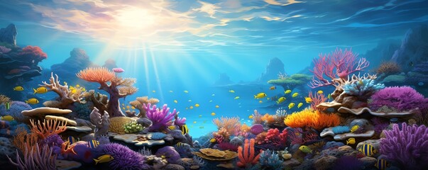 A beautiful and vibrant coral reef with many different types of fish and other sea life.