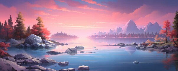 A beautiful lakeside landscape with mountains in the distance. The sky is a gradient of pink and purple, and the water is a deep blue. The foreground is a rocky beach with some grass and trees. - obrazy, fototapety, plakaty