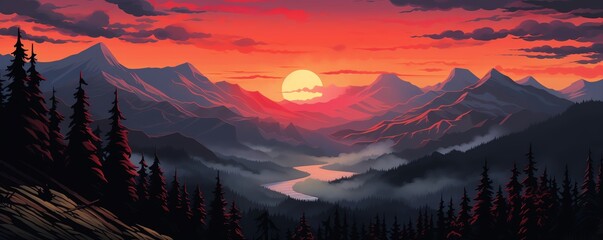 A beautiful landscape of a mountain range at sunset. The sky is a deep orange and the mountains are silhouetted against it. There is a river running through the valley and trees on the foreground. - obrazy, fototapety, plakaty