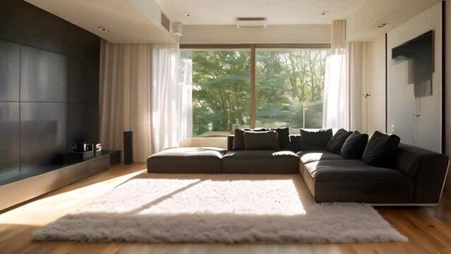 video living room with black sofa on wooden floor