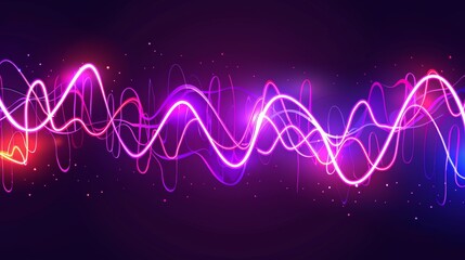 The neon sound wave and abstract light modern background is reminiscent of an audio or voice frequency wave. The radio pulse effect curve design is reminiscent of a music track line. The graph of an - obrazy, fototapety, plakaty