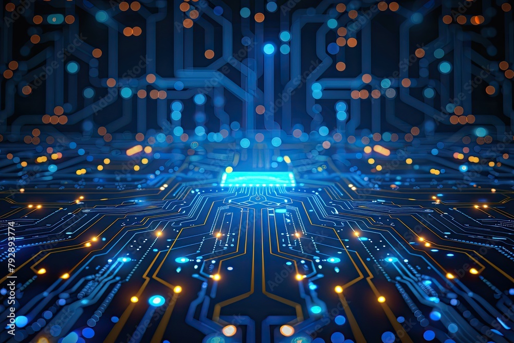 Wall mural a computer chip is shown in a blue and orange color scheme. the chip is surrounded by a network of w