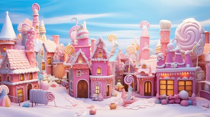 A pink and blue candy land with pink houses and blue skies.