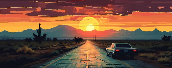 A retro car drives through a desert landscape at sunset. - obrazy, fototapety, plakaty