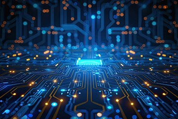 A computer chip is shown in a blue and orange color scheme. The chip is surrounded by a network of wires and circuits. Concept of technology and innovation