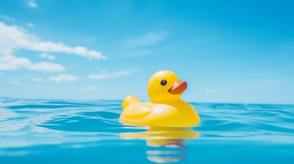 A yellow rubber duck floats in the ocean.