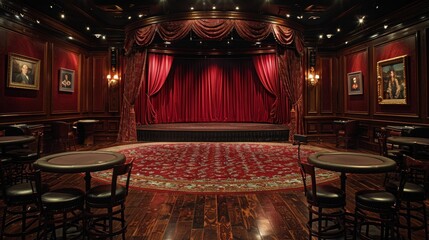 Casino Interiors: A photo of a casino showroom, with a stage set for a performance and audience seating