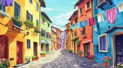Fototapeta na wymiar Italian town street with colorful houses. Modern cartoon illustration of a traditional European street perspective, stone paved road, laundry on balconies decorated with flowers on a sunny day.