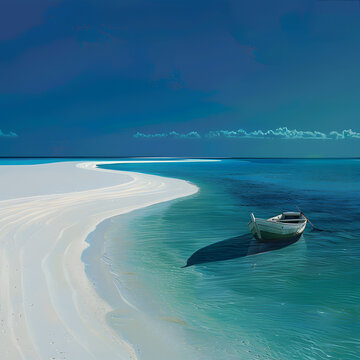 Blue coastal area with sand and white sky and blue sea, torist attraction 