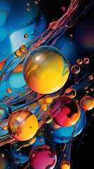 Colorful abstract painting with blue, orange, yellow and purple spheres.