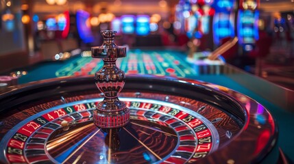 Casino Roulette Wheel: A photo of a roulette wheel in a casino setting