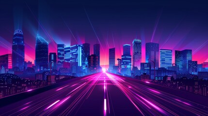 Neon neon city with speedway motion background. Abstract skyscraper cityscape lit by bright lasers. Power highway glow in metaverse scenery.