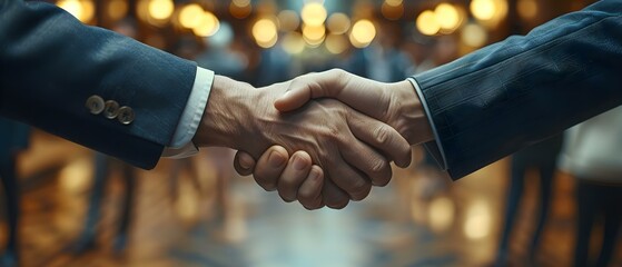 Celebrating successful business partnerships with firm handshakes in a bustling corporate environment. Concept Business Networking, Handshake Gesture, Corporate Environment, Successful Partnerships - obrazy, fototapety, plakaty