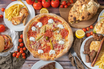 Table Full of Pizza: A tempting display of various pizzas spread across a table, offering a feast of cheesy goodness and mouthwatering toppings. Perfect for pizza lovers and gatherings with friends 