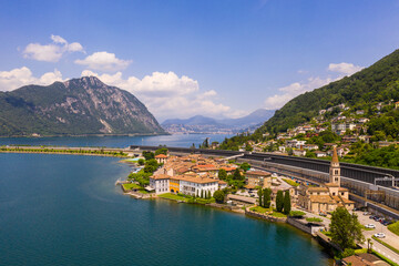 Melide, Switzerland: Aerial view of the bridge on lake Lugano between Bissone and Melide in Canton Ticino in the Swiss alps.