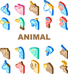 animal zoo pet face farm icons set vector. elephant cow, bear, pig, cat lion, sheep deer, fox duck animal zoo pet face farm isometric sign illustrations