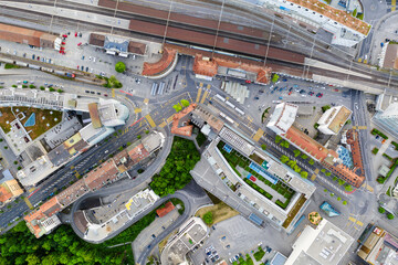 Fribourg, Switzerland: Top down view of the Fribourg city center around the train station in...