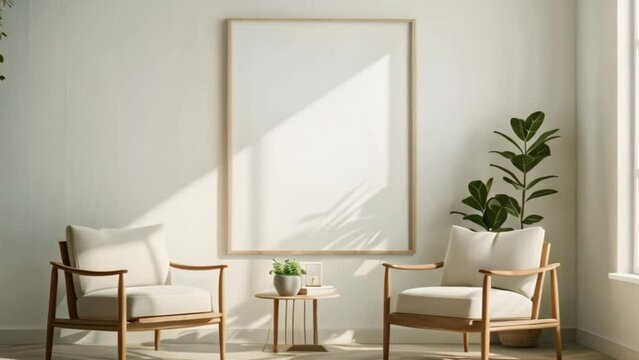 video mockup frame in living room interior with chairs