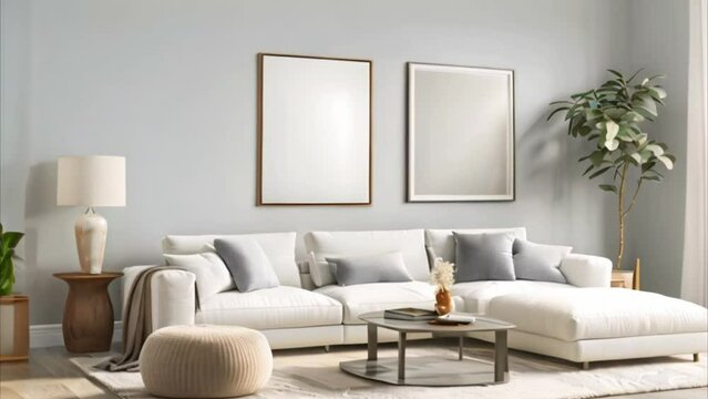video one photo frame in modern living room with white sofa