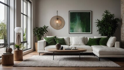 Contemporary Living Space, White Sofa with Green Pillows, Modern Coffee Table, Floor Lamp, Plant, Rug on Wooden Floor, and White Wall in the Background