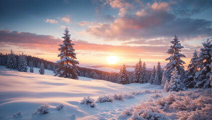 A snow-covered pine tree stands in a snowy field at sunset - obrazy, fototapety, plakaty