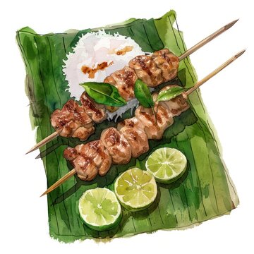 grilled skewers, rice, lime watercolor food art clip art preview