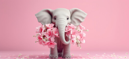 A joyful elephant holding a lush bouquet of pink flowers, set against a harmonious pink background, exudes a cheerful spring vibe.