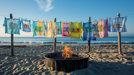 Colorful beach towels drying over a campfire on a sandy beach - obrazy, fototapety, plakaty