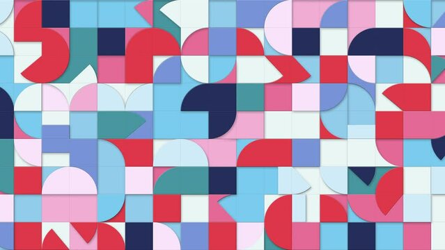 Geometric pattern loop. Circles, squares animation. Modernist abstract background. Bauhaus Design style. Blue, white, red, pink.