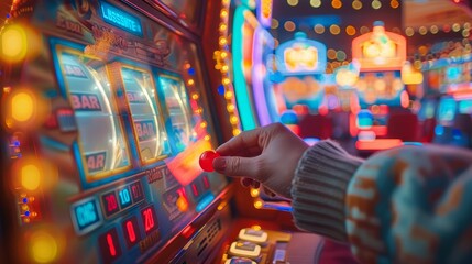 Playing Slot Machines: A photo capturing the excitement of a person pulling the lever on a vintage slot machine