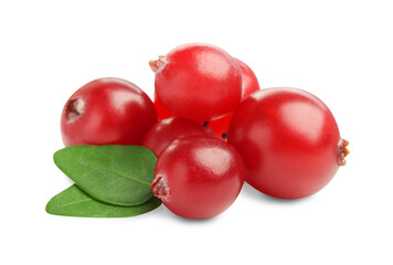 Fresh ripe cranberries with leaves isolated on white