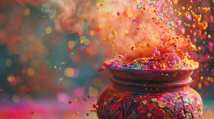hand-painted background for Holi.  colorful powder pigments being thrown from a decorated clay pot (kulhad). Emphasize the texture of the powder and leave space for text greetings above the pot.