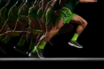 Cropped image of athletic, muscular male legs in motion, running against black background with stroboscope effect. Pursuit of excellence. Concept of sport, active and healthy lifestyle, endurance