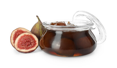 Jar of tasty sweet jam and fresh figs isolated on white