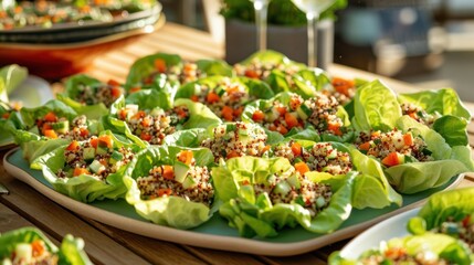 A platter of bite-sized lettuce wraps filled with quinoa salad and diced vegetables
