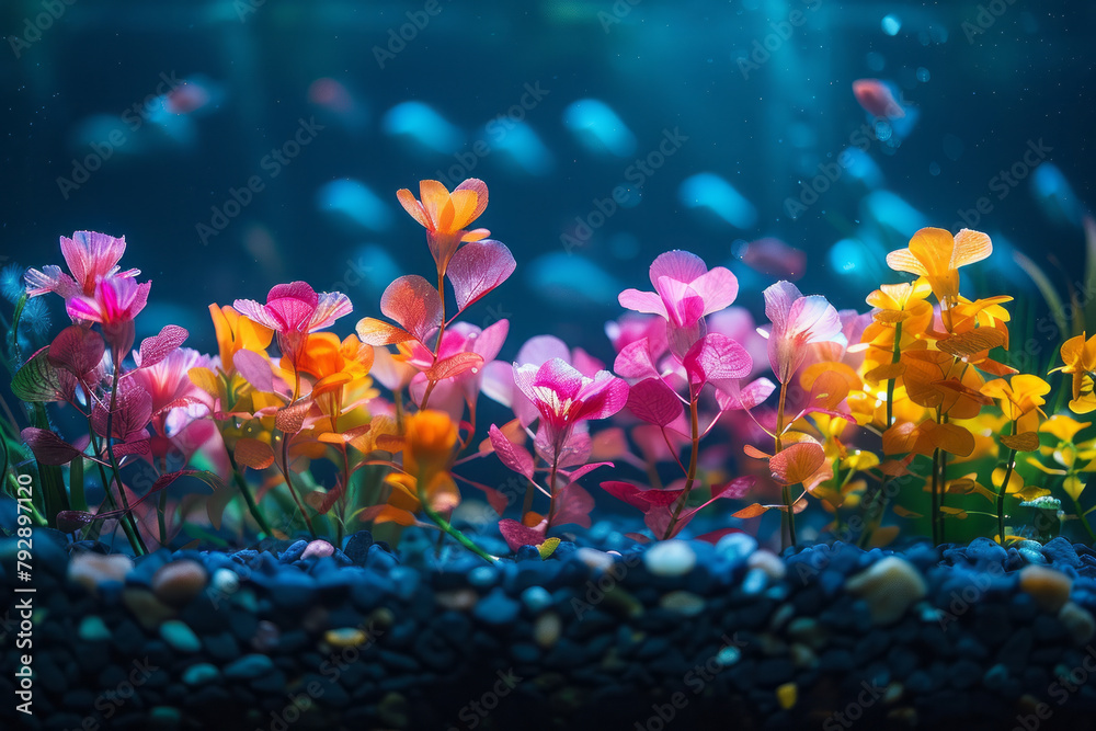 Poster a photograph of a bromothymol blue solution in a fish tank, which changes color based on the carbon