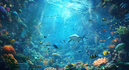 an underwater scene with colorful coral reefs, various fish and sea creatures swimming around in the water, including sharks, turtles, manta rays, etc