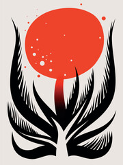 Big Flower Graphic in Black and Red, Floral illustration, artwork, in two colors, vintage, retro, scandinavian design, leaves, flowers