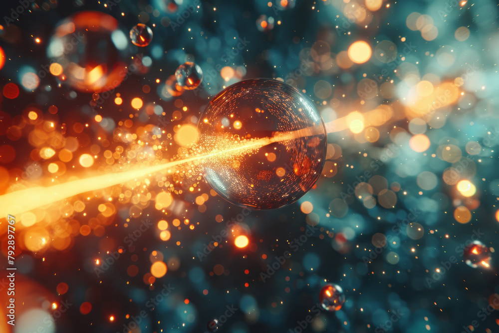 Poster A scene visualizing electron capture, where an atomâ€™s nucleus absorbs an orbiting electron, depict
