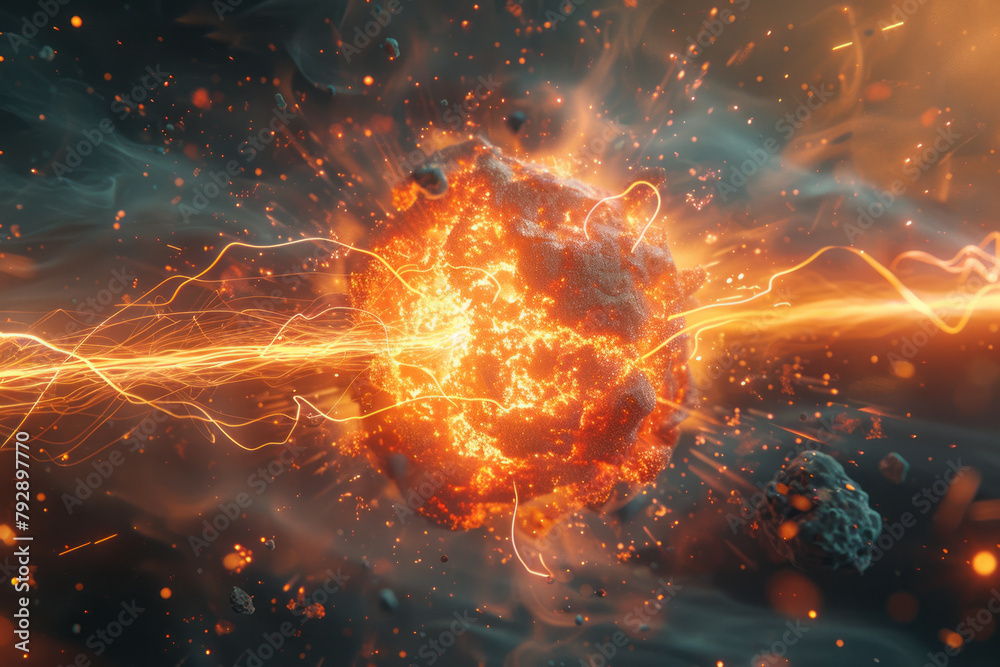 Poster a scene visualizing electron capture, where an atom nucleus absorbs an orbiting electron, depict