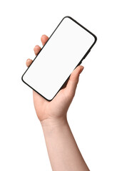 Woman holding smartphone with blank screen on white background, closeup. Mockup for design