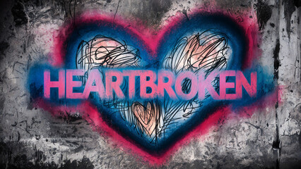 Rough grunge textured urban concrete wall with spray painted word 'heartbroken' and heart symbols on it's surface, thought provoking concept with copy space for extra text and phrases.