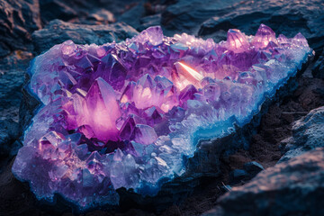 A photograph of a geode being cracked open to reveal amethyst crystals inside, their vibrant purple