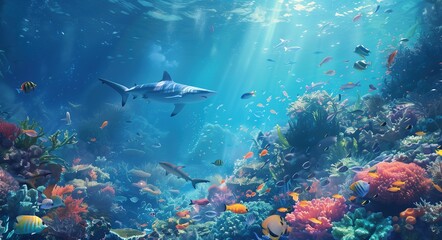 Underwater scene with colorful coral reefs, various fish and sea creatures swimming in the ocean