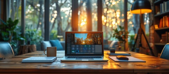Laptop on the screen in a modern office, blurred background of an open meeting room showing icons for quality control and pollution waste management