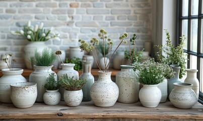 A variety of ceramic vases with green and white plants sit on a wooden table against a white brick wall.